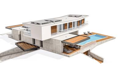 3d rendering of modern house on the hill with pool isolated on white