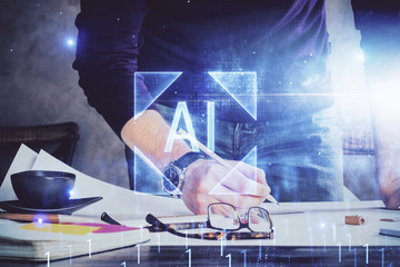 Writing Man hands with data theme multi exposure icons.