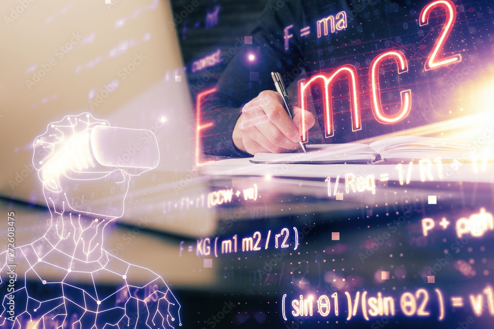Poster student or teacher with mathematical and scientific formulas. concepts of education.