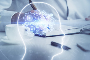 Brain multi exposure icon with man hands background.