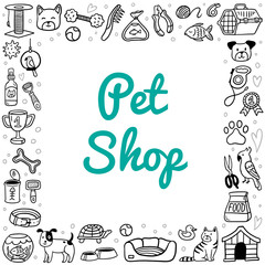 Doodle goods for a pet shop in a cartoon style. Vector illustration with pets and stuff like kennel, leash, food, paw, bowl and other care elements.