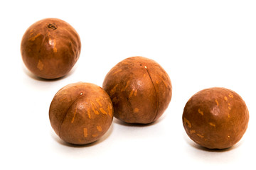 Macadamia oil and nuts on white background