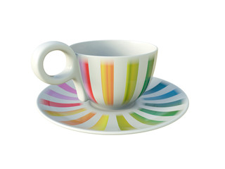 Porcelain colorful striped cup isolated on white background. 3D Illustration.