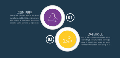 Vector infographic flat template circles for two label, diagram, graph, presentation. Business concept with 2 options and arrows. For content, flowchart, steps, timeline, workflow, marketing. EPS10