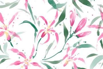 Floral seamless pattern with tropical leaves and flowers