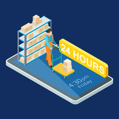 24 hours delivery online services isometric vector illustration. Isometric delivery app phone, isometry service 24h