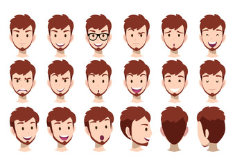 Cartoon character with man head vector set. Front, side, back view .Flat vector