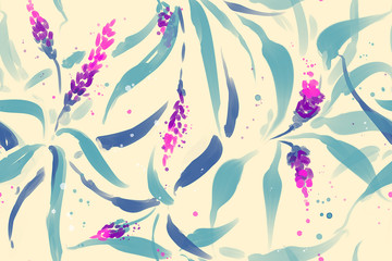 Floral seamless pattern with tropical leaves and flowers