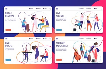 Music festival vector landing pages set template. Illustration of musician concert, festival page, live music play jazz