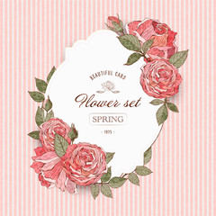 Vintage flower cards with red and pink roses. Romantic background. Vector illustration. Beautiful retro design for wedding invitations, cards, banners.