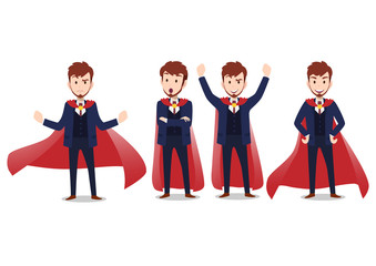 Businessman cartoon character in a superhero costume, Business winner concept with of hero in various poses.Super manager set. Vector illustration
