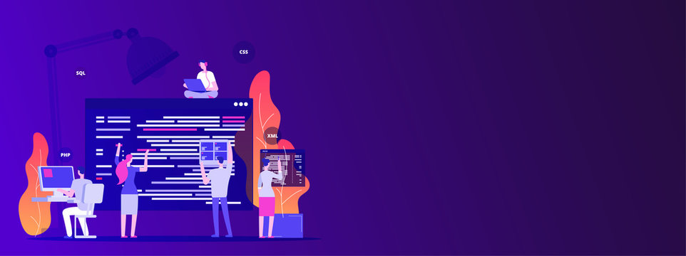 Web site development. Designers and programers create corporate site - empty space vector concept. Illustration of development programming, web designer create page