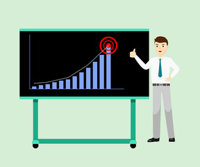 Businessman in official wear (white shirt with necktie) standing near presentation board and giving thumbs-up sign, feeling happy that business performance hitting the target. Flat design vector.