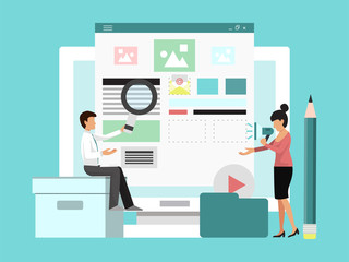 Blogger review concept vector illustration. Popular blogger woman man online channel video content. Social media internet broadcast content. Creative product trendy streamer.