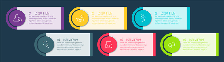 Vector infographic flat template circles for six label, diagram, graph, presentation. Business concept with 6 options. For content, flowchart, steps, timeline, workflow, marketing. EPS10