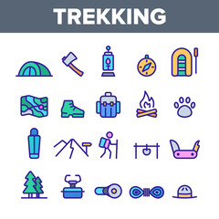 Trekking, Backpack Travel Vector Linear Icons Set. Trekking, Camping And Hiking Active Holiday Outline Symbols Pack. Map, Tent, Backpacker Isolated Contour Illustration. Adventure, Extreme Vacation