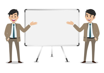 Businessman cartoon character, set of four poses. Handsome business man in office style smart suit . Vector illustration