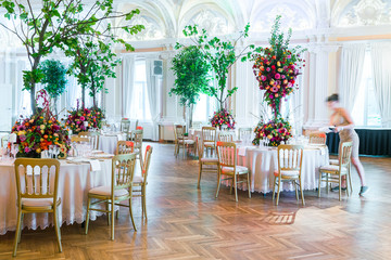Wedding table decoration. Beautiful bouquet of flowers on the ta