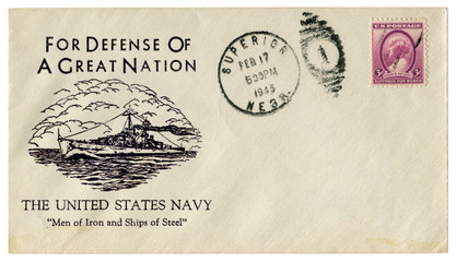 Superior, Nebraska, The USA  - 17 February 1945: US historical envelope: cover with cachet For defense of a Great Nation The United States Navy  "Men of Iron and ships of steel", fancy cancel