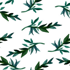 Seamless pattern of watercolor leaves and twigs. Print for fabric and other surfaces. Leaves and branches are drawn by hand. Abstract seamless pattern on a white background.