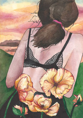 Watercolor painting. Hand drawn beautiful cute girl stands with her back with a bouquet of flowers. Woman body on watercolor painting background. Aquarelle colorful illustration. 