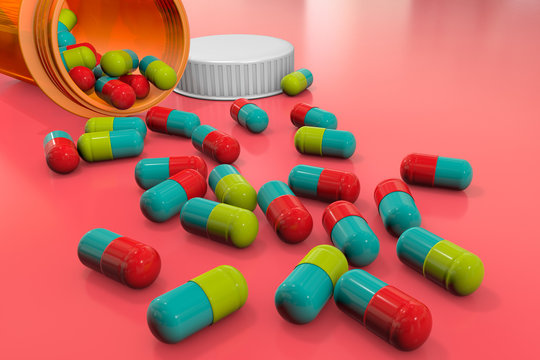 3d illustration: bright colored medical pills are scattered on a pink table from a transparent orange medicine bottle. Pharmaceutical business and healthcare.