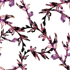 Seamless pattern of watercolor leaves and twigs. Print for fabric and other surfaces. Leaves and branches are drawn by hand. Abstract seamless pattern on a white background.