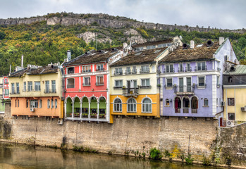Historic colourful building facades in Lovech, Bulgaria. With Os