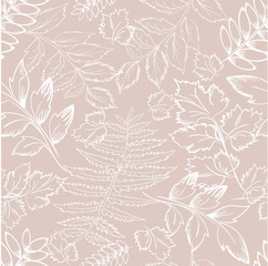 Floral pattern with leaves outline branches on beige. Background with foliage, petals for wrapping paper, textile, card, web. Vector illustration