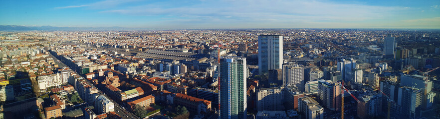 Aerial view of Milan, panorama from Palazzo della Regione Lombardia with drone