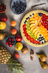 Organic Fruit Tart Pie Preparation, Fresh Dough and Colorful Fruits Ready to Bake