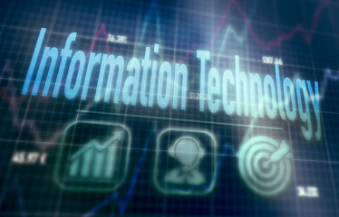 Information Technology concept on a blue dot matrix computer display.