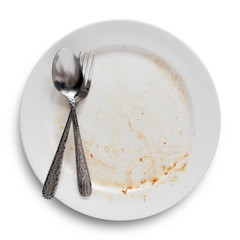 Top view of empty plate, dirty after the meal is finished isolate with clipping path and copy space...