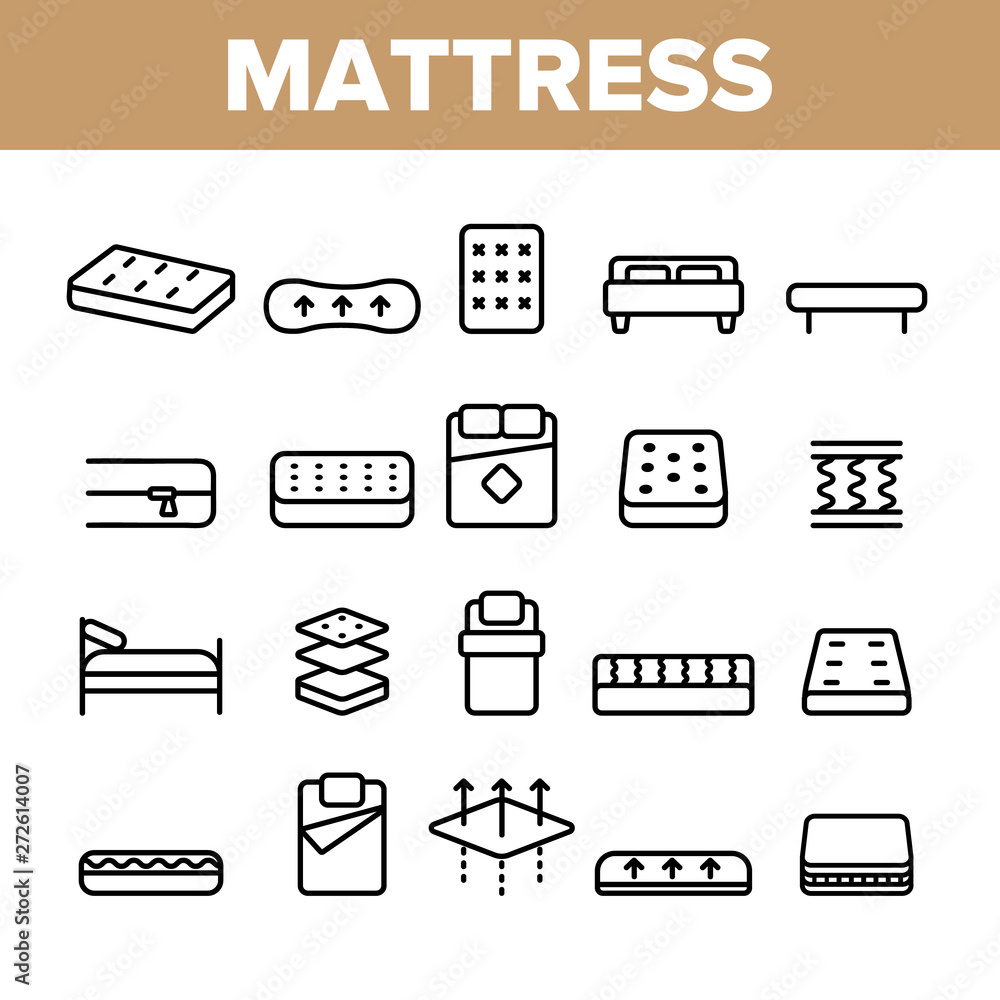 Poster mattress types and material vector linear icons set. orthopedic and antiallergic comfortable mattres
