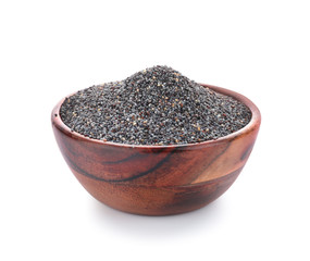 Bowl with poppy seeds on white background