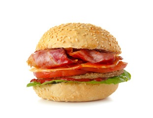 Tasty burger with bacon on white background