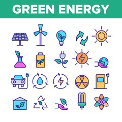Fototapeta na wymiar Green Energy Sources Vector Linear Icons Set. Alternative Eco Energy Outline Symbols Pack. Ecology And Environment Friendly Electric Power Isolated Contour Illustrations. Solar Panel, Windmill