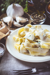Traditional Italian Alfredo Pasta Plate with Creamy Cheese and Basil Sauce