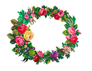 Frame made of handmade embroidery elements, isolated on white background. Embroidered flowers