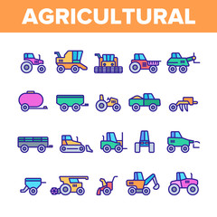 Agricultural Heavy Machinery Vector Linear Icons Set. Agriculture, Farming And Horticulture Equipment Outline Symbols Pack. Tractor With Plough, Combine Harvester Isolated Contour Illustrations