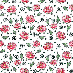 Fototapeta na wymiar Seamless pattern of flowers of leaves and twigs. Delicate pink peonies. A print for fabric and other surfaces. Peonies drawn by hand with markers. Abstract summer pattern on a white background.