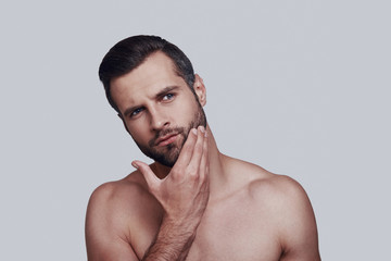 Time to shave. Handsome young man touching his beard while standing against grey background - obrazy, fototapety, plakaty