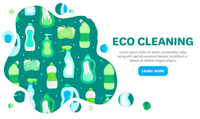 Vector background with eco friendly household cleaning supplies. Natural detergents. Landing page template. Products for house washing. Green home. Online store. Banner, mailing, advertising, label