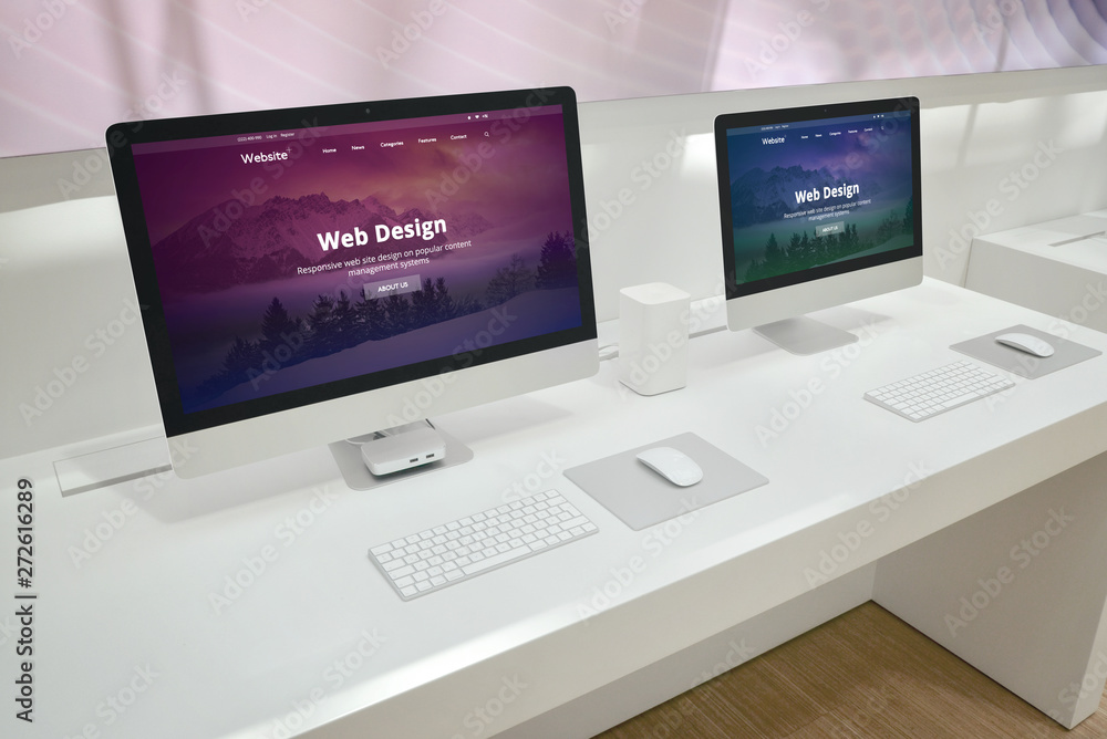 Poster Web design development studio with two monitors and web site presentations.