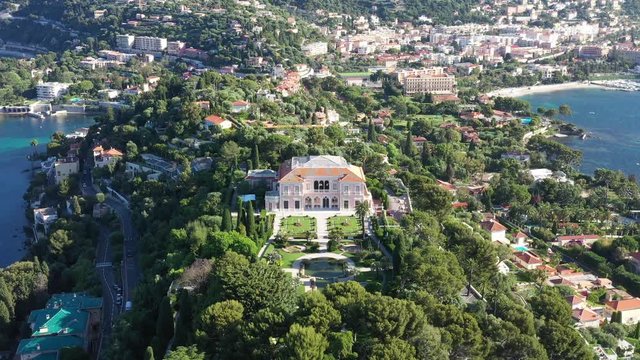 Villa ephrussi Saint jean Cap ferrat aerial drone shot sunny morning France south mediterranean seacoast