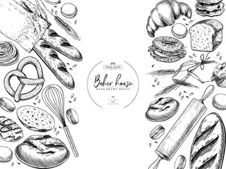 Bakery set. Hand drawn bread, loaf, croissant, pretzel, macaron, pie, baguette. Wheatl flour pastry. Vector engraved banner. For restaurant and cafe menu, baker shop pasty sweets Design template.