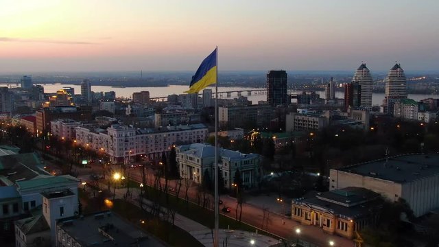 Amazing aerial footage of the sunset in Dnipro, cityscape and the river