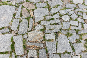 Old stone pavement texture with grass. Granite cobblestones pavement background