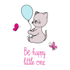 Cute kitty with balloon hand drawn illustration.