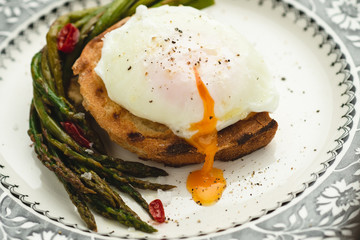 Toast with Poached Egg and Boiled Green Asparagus
